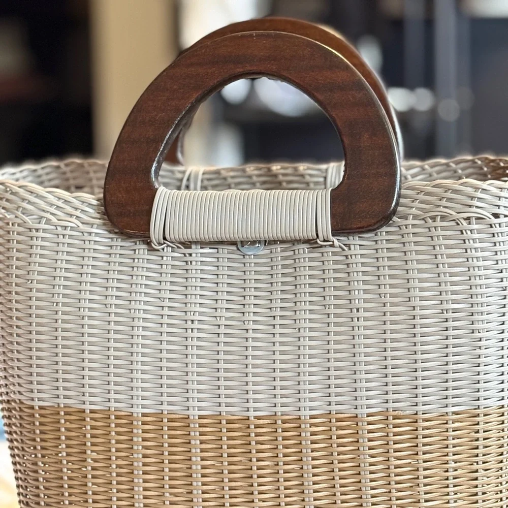 Handmade Guatemalan Woven Straw Tote Bag Wood Handles | Neutral Summer Bag NWOT - Picture 3 of 11